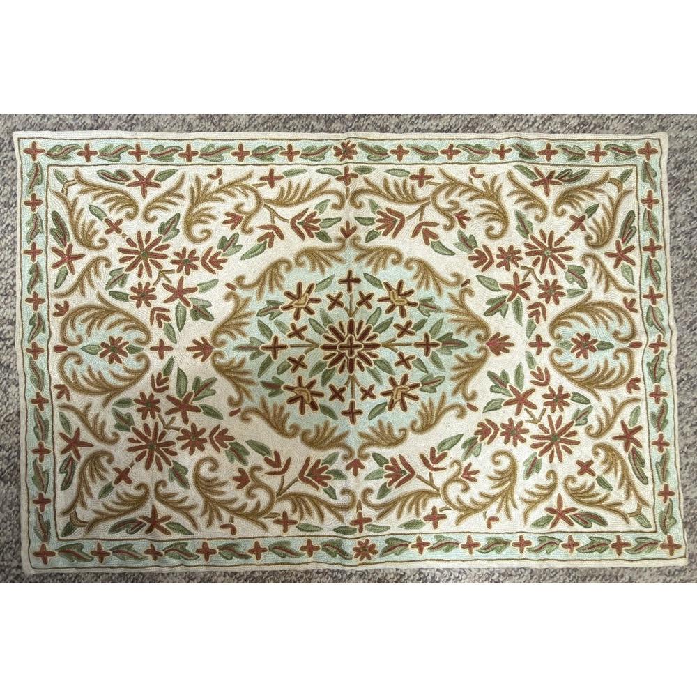 Vintage Handmade Kashmir Crewel Embroidery Rug Wall Hanging Chain Stitch 34"X23"